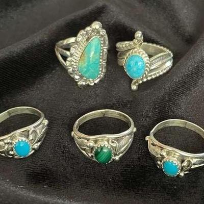 NSJ158 - Five Navajo Sterling Silver Rings With Turquoise & Malachite Sz 8-8.5