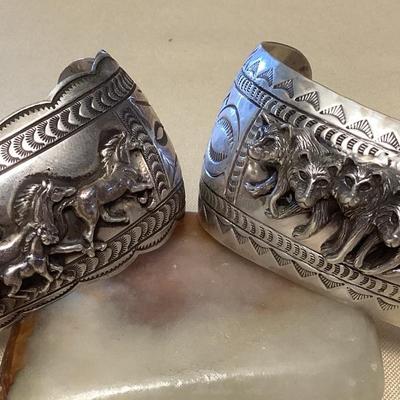 NSJ431 Two Large Navajo Sterling Silver Horse & Wolf Cuff Bracelets New
