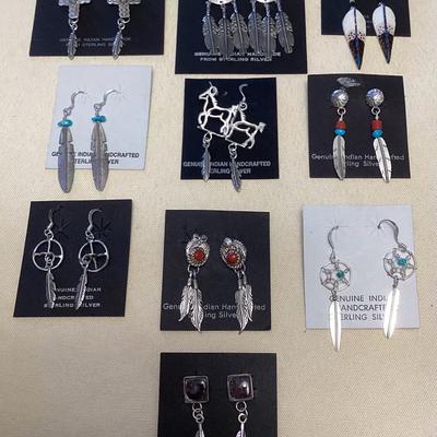 NSJ369 Ten Pairs Of Navajo Sterling Turquoise, Bone, Coral & Purple Spiny Oyster Earrings New