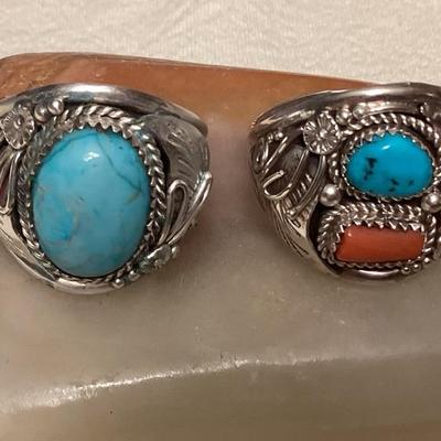 NSJ104 Two Navajo Sterling Silver Turquoise & Coral Rings Size 15