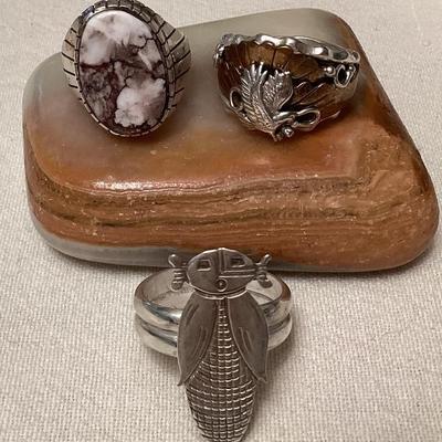 NSJ310 Three Navajo Sterling Silver Wild Horse Turquoise  & Copper? Rings Size 13 New