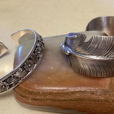 NSJ466 Two Navajo Sterling Silver Feather & Floral Cuff Bracelets New