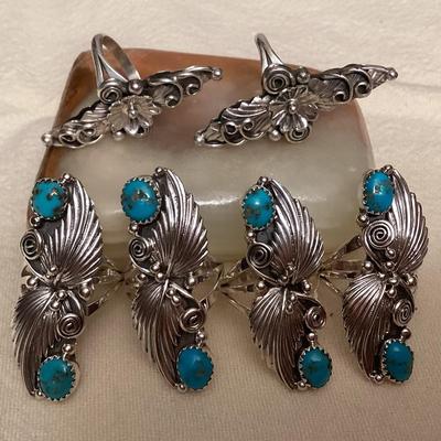 NSJ076 Six Navajo Sterling Silver & Turquoise Rings Size 7.5