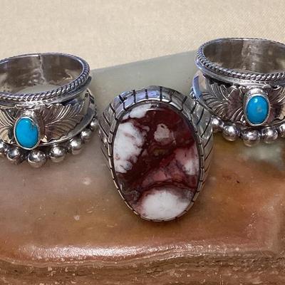 NSJ318 Three Navajo Sterling Wild Horse Turquoise & Turquoise Rings Size 9 New
