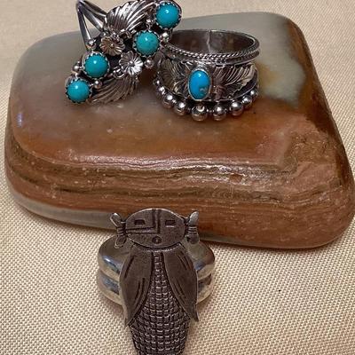 NSJ321 Three Navajo Sterling Silver Turquoise Rings Size 8.5-9 New
