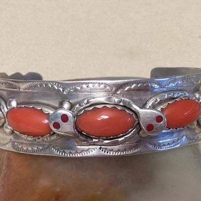 NSJ428 Navajo Sterling Silver & Coral Snake Cuff Bracelet New