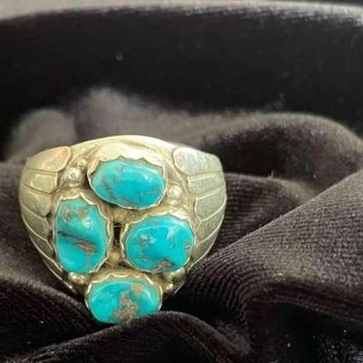 NSJ170 - Three Men’s Navajo Sterling Silver Eagle, Feather, & Turquoise Rings Sz 13.5