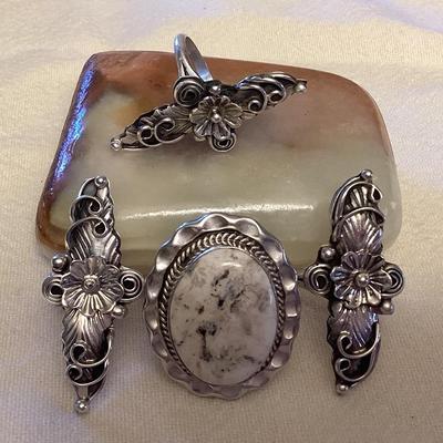 NSJ066 Four Navajo Sterling Silver & White Buffalo Turquoise Rings Size 8.5