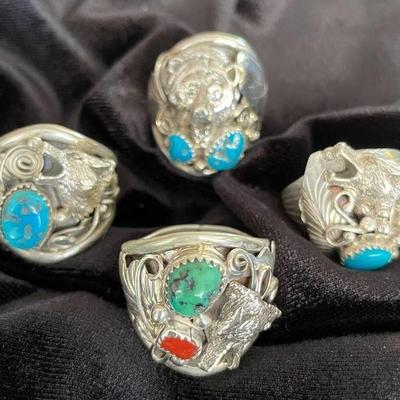 NSJ215 - Four Mens Navajo Sterling Silver Rings With Turquoise & Coral Sz 13.25-13.75