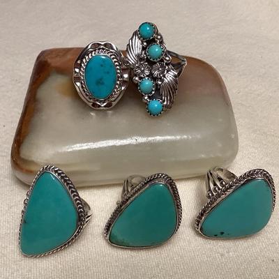NSJ097 Five Navajo Sterling Silver Turquoise Rings Size 7.5