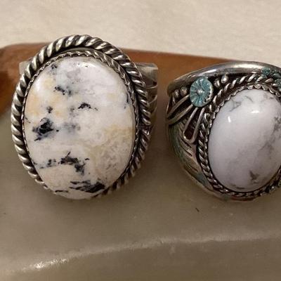 NSJ030 Two Navajo White Buffalo Turquoise Sterling Silver Rings Size 13.5