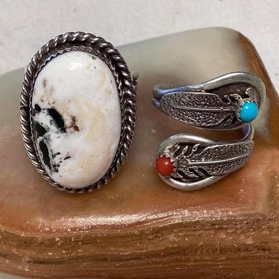 NSJ295 Two Navajo Sterling White Buffalo Turquoise And Turquoise & Coral Rings Size 10.25 New