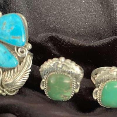 NSJ289 - Three Navajo Sterling Silver Rings With Turquoise Sz 10.25-10.5