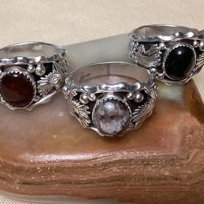 NSJ325 Three Navajo Sterling Amber, Wild Horse Turquoise & Onyx Rings Size 15 New