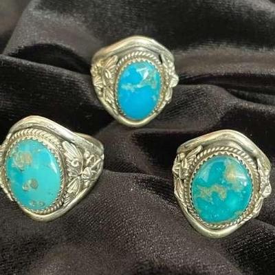 NSJ177 - Three Men’s Navajo Sterling Silver Turquoise Rings Sz 9.5-10