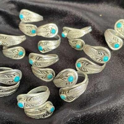 NSJ145 - 10 Navajo Sterling Silver Feather Wrap Ring With Turquoise Sz 6.5-9