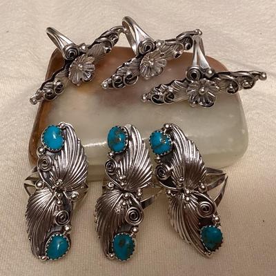 NSJ078 Six Navajo Sterling Silver & Turquoise Rings Size 7.5