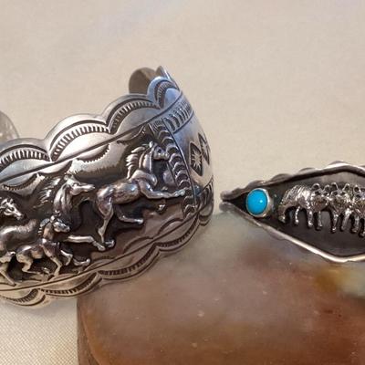NSJ478 Two Navajo Sterling Silver & Turquoise Horse & Wolf Cuff Bracelets New