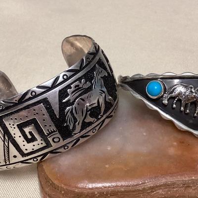 NSJ449 Two Navajo Sterling Silver Turquoise Wolf & Horse Cuff Bracelets New