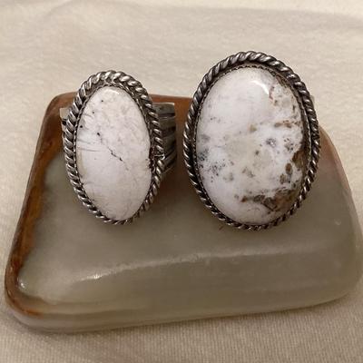 NSJ027 Two Navajo White Buffalo Turquoise Sterling Silver Rings Size 12.5