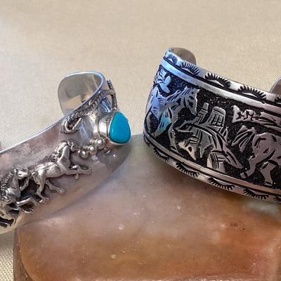 NSJ459 Two Navajo Sterling Silver & Turquoise Horse Cuff Bracelets New