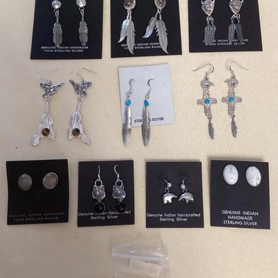 NSJ391 Eleven Pairs Of Navajo Sterling Turquoise, Tiger Eye, Moonstone, Onyx & Howlite Earrings New