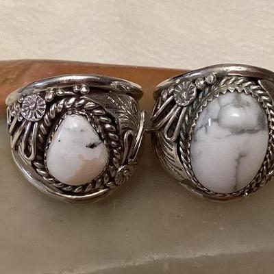 NSJ031 Two Navajo White Buffalo Turquoise Sterling Silver Rings Size 13