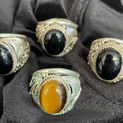 NSJ120 - Four Handcrafted Men’s Navajo Sterling Silver Rings  Sz 12-12.5 - Black Onyx & Tigers Eye