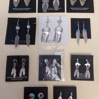 NSJ390 Eleven Pairs Of Navajo Sterling Lapis Lazuli, Opal, Howlite, Onyx, Coral & Turquoise Earrings