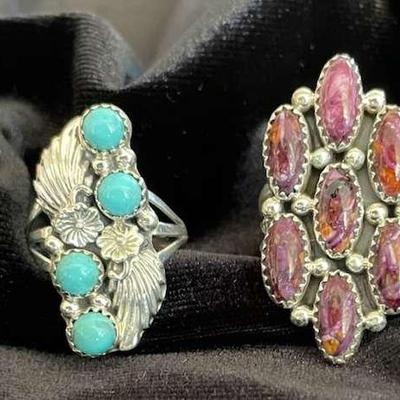 NSJ124 - Four Navajo Sterling Silver Purple Spiny Oyster & Turquoise Rings Sz 7.5-8