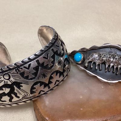 NSJ445 Two Navajo Sterling Silver & Turquoise Horse & Wolf Cuff Bracelets New