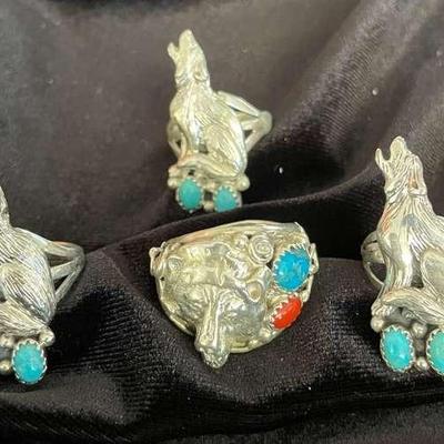 NSJ244 - Four Men’s Navajo Sterling Silver Rings With Turquoise Sz 7.5-7.75
