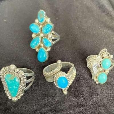 NSJ162 - Four Navajo Sterling Silver Turquoise Rings Sz 8.5-9