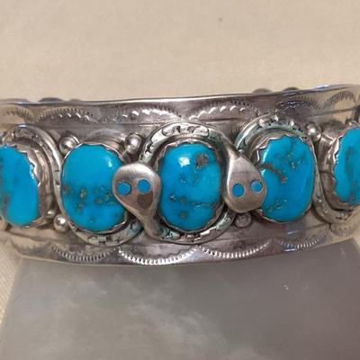 NSJ404 Navajo Sterling Silver & Turquoise Snake Cuff Bracelet New