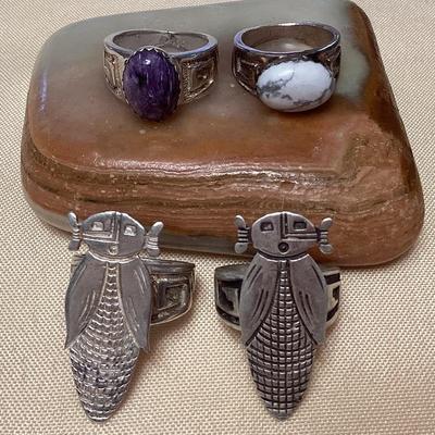NSJ320 Four Navajo Sterling Silver Purple Stone & Howlite Rings Size 7.5-8 New
