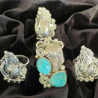 NSJ262 - Four Navajo Sterling Silver Rings With Turquoise Sz 9-9.25