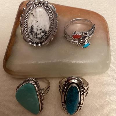 NSJ107 Four Navajo White Buffalo Turquoise, Turquoise & Coral Rings Size 8