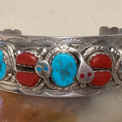 NSJ398 Navajo Sterling Silver Turquoise & Coral Snake Cuff Bracelet New