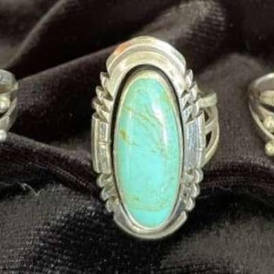 NSJ114 - Genuine Navajo Sterling Silver Rings Sz 6 - One Turquoise & Two Opal