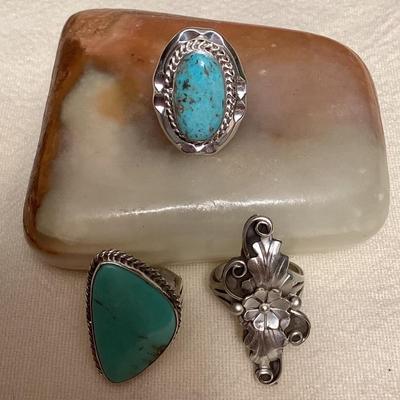 NSJ101 Three Navajo Sterling Silver & Turquoise Rings Size 6