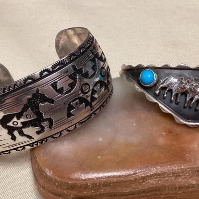NSJ444 Two Navajo Sterling Silver & Turquoise Horse & Wolf Cuff Bracelets New