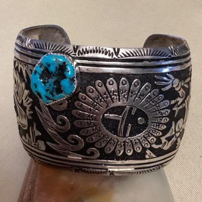 NSJ417 Large Navajo Sterling Silver & Turquoise Eagle & Kachina Cuff Bracelet New