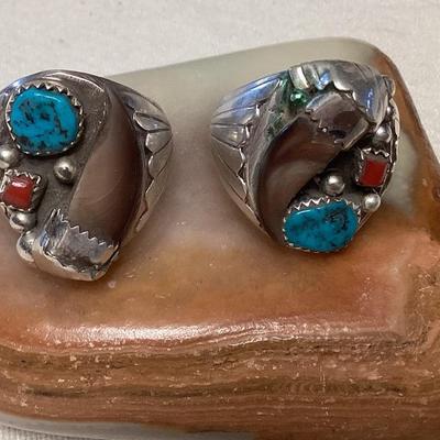 NSJ306 Two Navajo Sterling Silver Turquoise, Coral & Bone? Rings Size 11 New