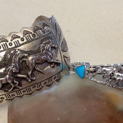 NSJ482 Two Navajo Sterling Silver & Turquoise Running Horses Cuff Bracelets New