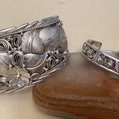 NSJ500 Two Navajo Sterling Silver Floral Cuff Bracelets New