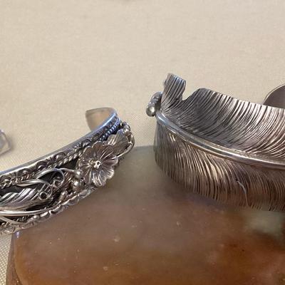 NSJ485 Two Navajo Sterling Silver Feather & Floral Cuff Bracelets New