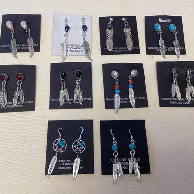 NSJ367 Ten Pairs Of Navajo Sterling Turquoise, Lapis Lazuli , Opal, Onyx, Coral & Amber Earrings New