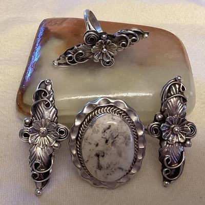 NSJ065 Four Navajo Sterling Silver & White Buffalo Turquoise Rings Size 8.5