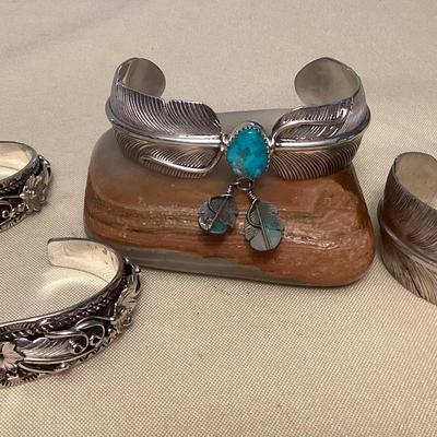 NSJ493 Four Navajo Sterling Silver & Turquoise Feather & Floral Cuff Bracelets New