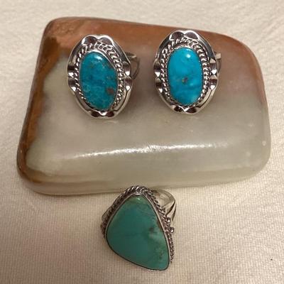 NSJ102 Three Navajo Sterling Silver & Turquoise Rings Size 9